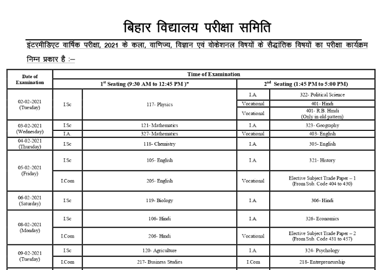 Bihar Board 12th Date Sheet 2021 Bseb Inter Time Table Download Pdf Bseb News