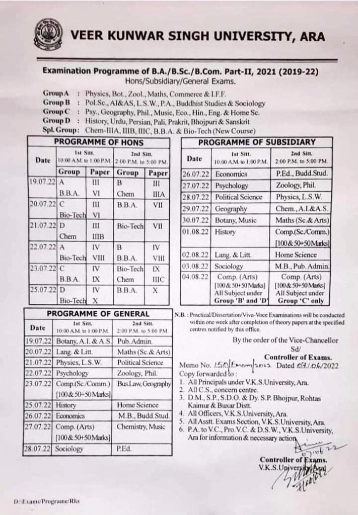 Vksu Part 2 Exam Date Sheet 2023 Ba Bsc Bcom 2nd Year Exam Schedule Routine Bnmu 